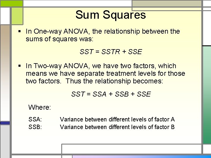 Sum Squares § In One-way ANOVA, the relationship between the sums of squares was: