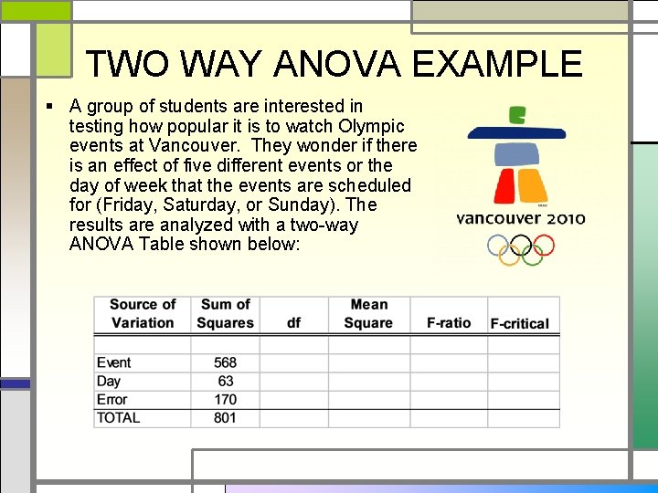 TWO WAY ANOVA EXAMPLE § A group of students are interested in testing how