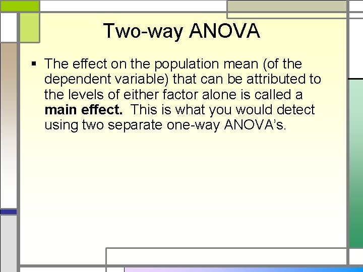 Two-way ANOVA § The effect on the population mean (of the dependent variable) that