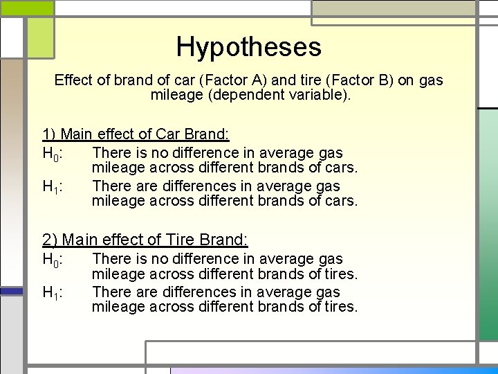 Hypotheses Effect of brand of car (Factor A) and tire (Factor B) on gas