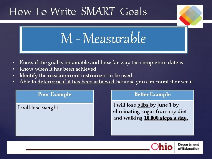 How To Write SMART Goals M - Measurable • • Know if the goal