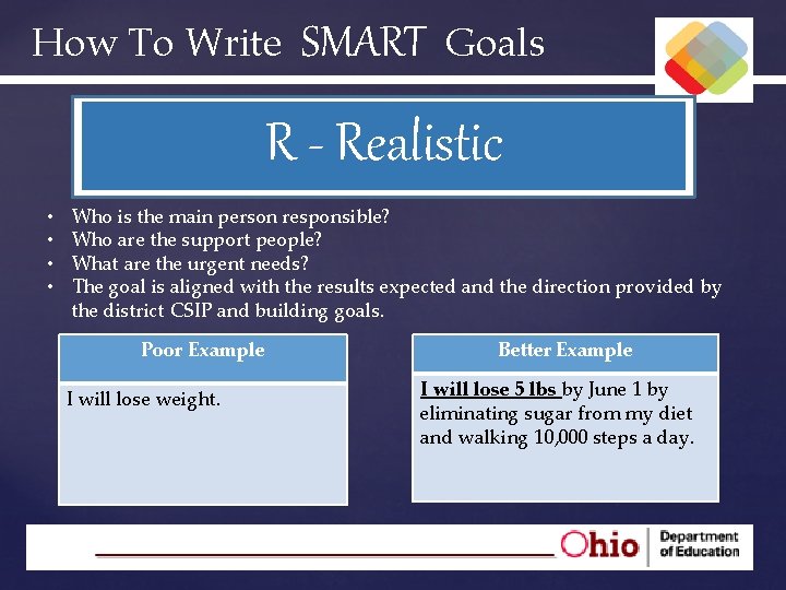 How To Write SMART Goals R - Realistic • • Who is the main