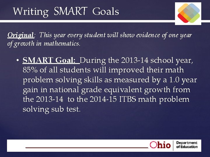 Writing SMART Goals Original: This year every student will show evidence of one year