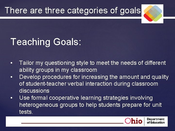 There are three categories of goals: Teaching Goals: • • • 25 Tailor my