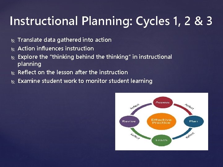 Instructional Planning: Cycles 1, 2 & 3 Translate data gathered into action Action influences