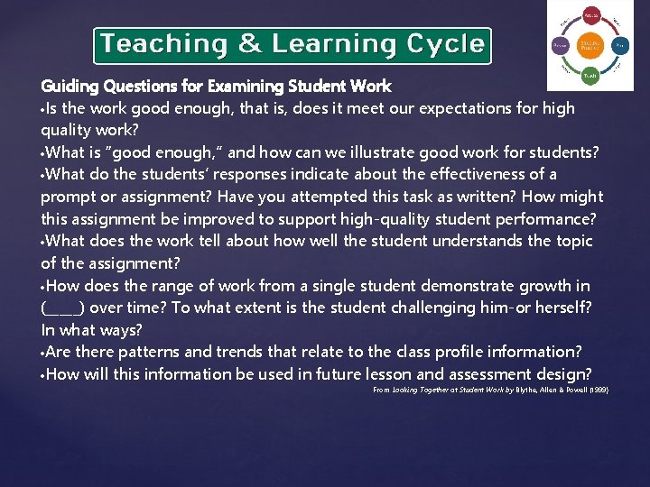 Guiding Questions for Examining Student Work Is the work good enough, that is, does