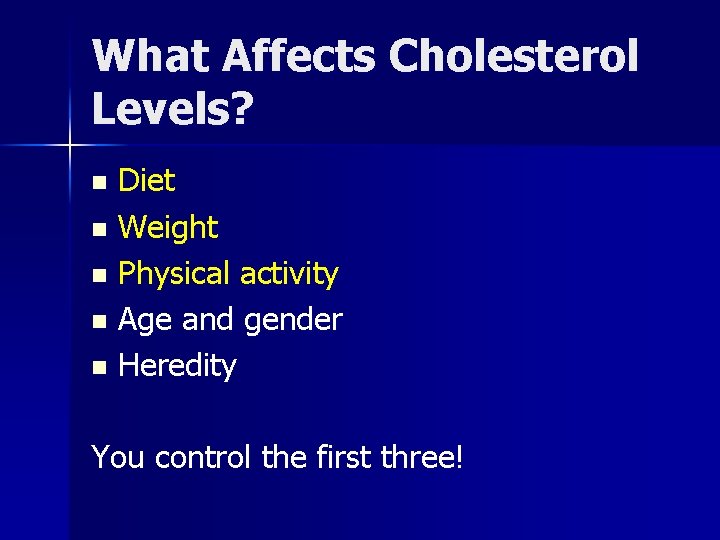 What Affects Cholesterol Levels? Diet n Weight n Physical activity n Age and gender