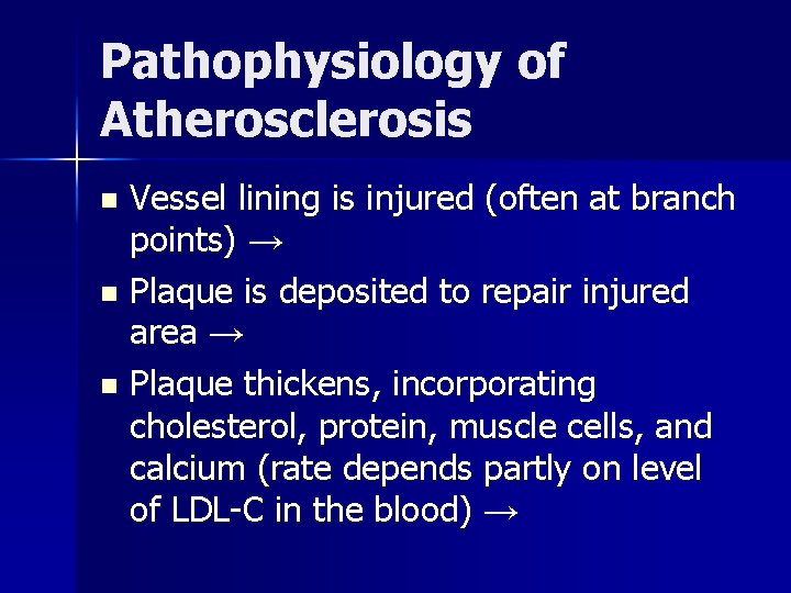 Pathophysiology of Atherosclerosis Vessel lining is injured (often at branch points) → n Plaque