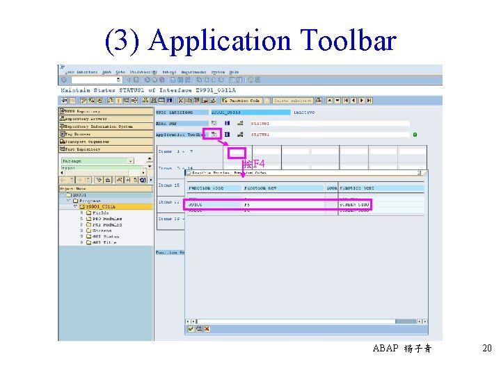 (3) Application Toolbar 按F 4 ABAP 楊子青 20 