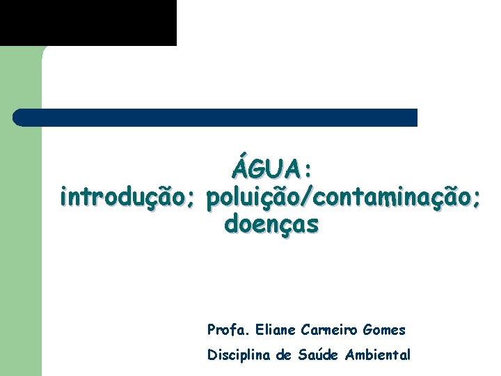 ÁGUA: introdução; poluição/contaminação; doenças Profa. Eliane Carneiro Gomes Disciplina de Saúde Ambiental 