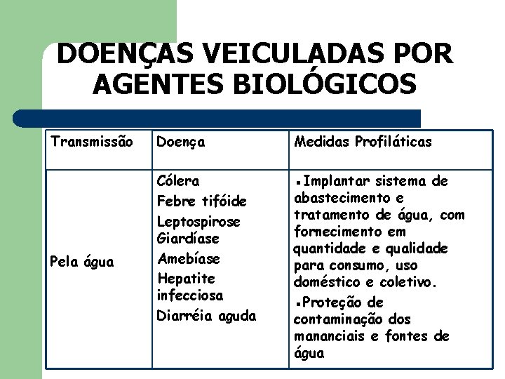 DOENÇAS VEICULADAS POR AGENTES BIOLÓGICOS Transmissão Pela água Doença Medidas Profiláticas Cólera Febre tifóide