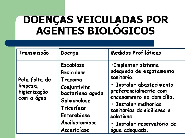 DOENÇAS VEICULADAS POR AGENTES BIOLÓGICOS Transmissão Pela falta de limpeza, higienização com a água