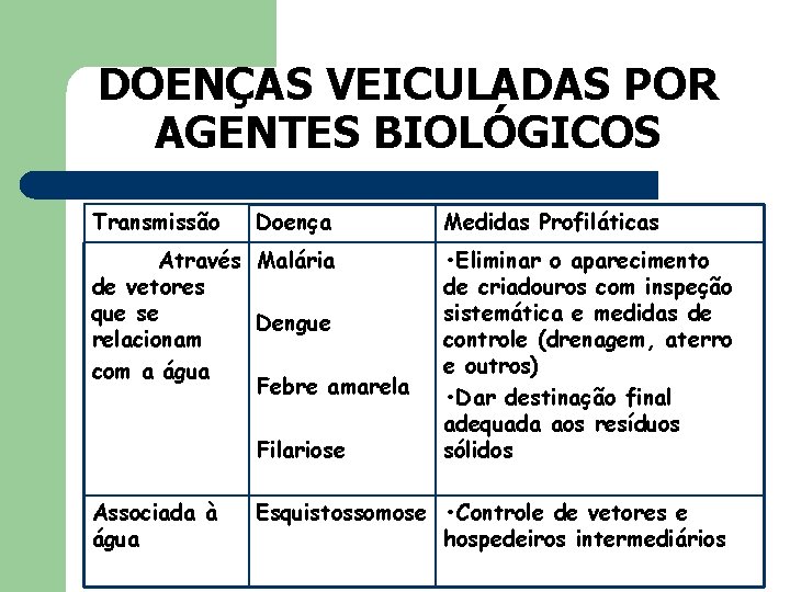 DOENÇAS VEICULADAS POR AGENTES BIOLÓGICOS Transmissão Doença Através Malária de vetores que se Dengue