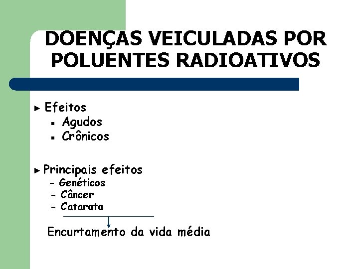 DOENÇAS VEICULADAS POR POLUENTES RADIOATIVOS ► Efeitos ▪ Agudos ▪ Crônicos ► Principais efeitos