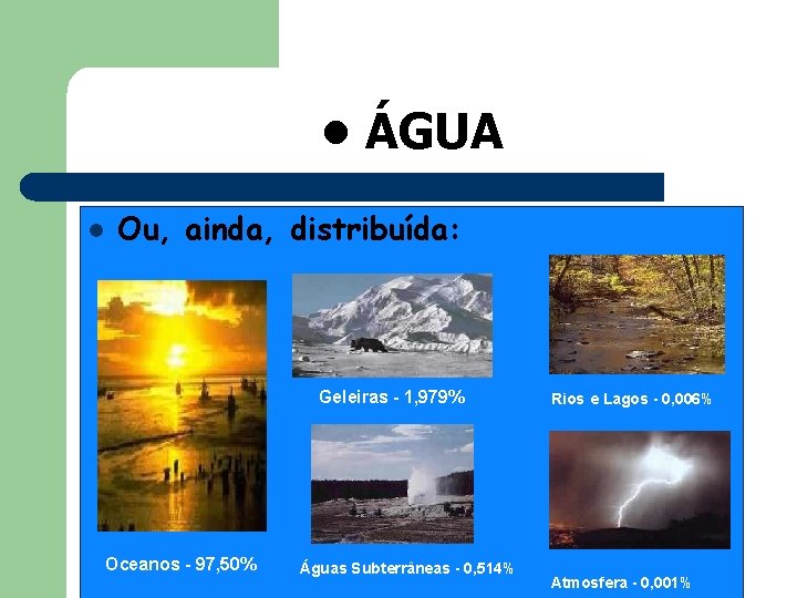  • ÁGUA l Ou, ainda, distribuída: Geleiras - 1, 979% Oceanos - 97,