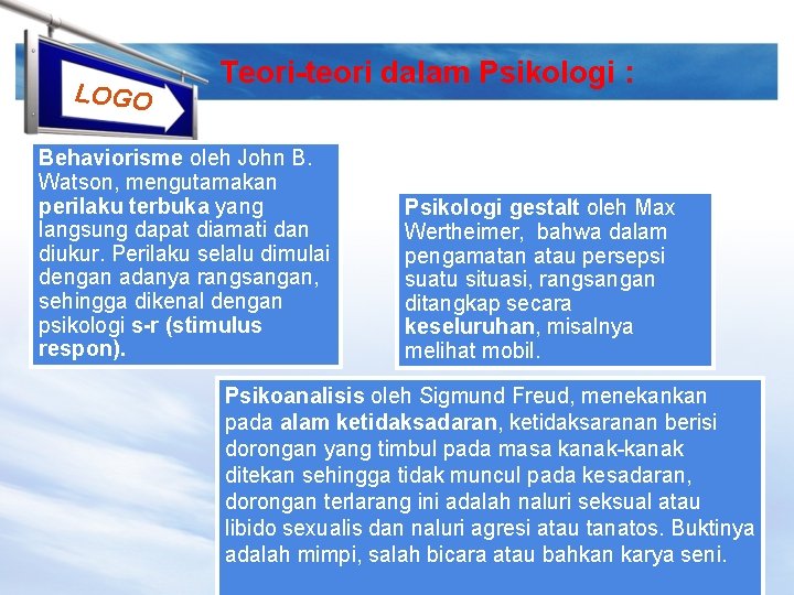 LOGO Teori-teori dalam Psikologi : Behaviorisme oleh John B. Watson, mengutamakan perilaku terbuka yang