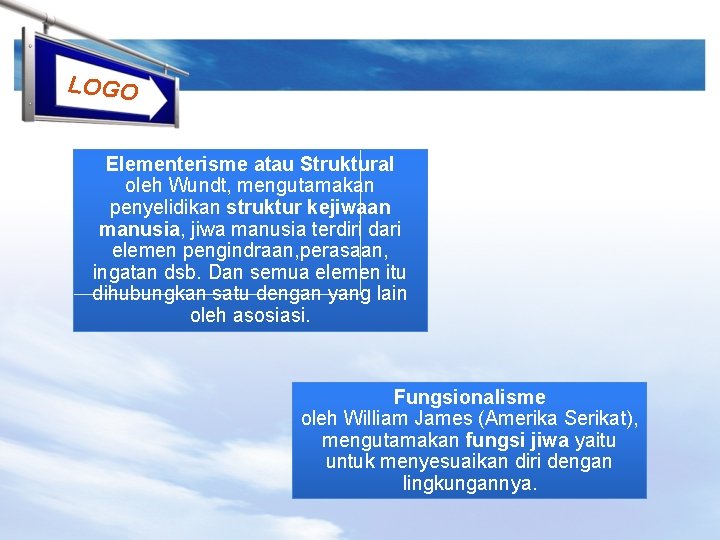 LOGO Elementerisme atau Struktural oleh Wundt, mengutamakan penyelidikan struktur kejiwaan manusia, jiwa manusia terdiri