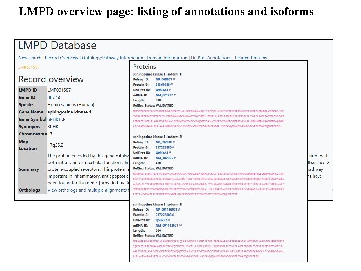 LMPD overview page: listing of annotations and isoforms 