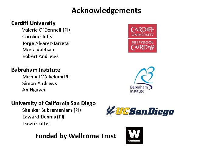 Acknowledgements Cardiff University Valerie O’Donnell (PI) Caroline Jeffs Jorge Alvarez-Jarreta Maria Valdivia Robert Andrews
