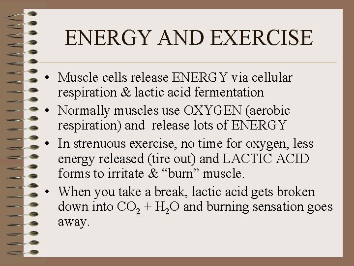 ENERGY AND EXERCISE • Muscle cells release ENERGY via cellular respiration & lactic acid
