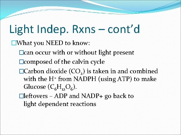 Light Indep. Rxns – cont’d �What you NEED to know: �can occur with or Light Indep. Rxns – cont’d �What you NEED to know: �can occur with or