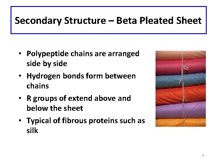 Secondary Structure – Beta Pleated Sheet • Polypeptide chains are arranged side by side