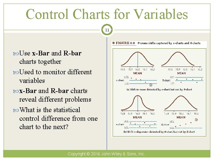 Control Charts for Variables 11 Use x-Bar and R-bar charts together Used to monitor