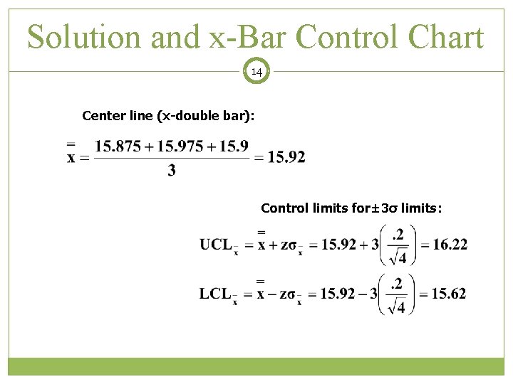 Solution and x-Bar Control Chart 14 Center line (x-double bar): Control limits for± 3σ