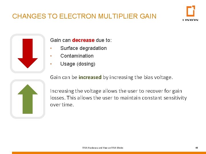 CHANGES TO ELECTRON MULTIPLIER GAIN Gain can decrease due to: • • • Surface