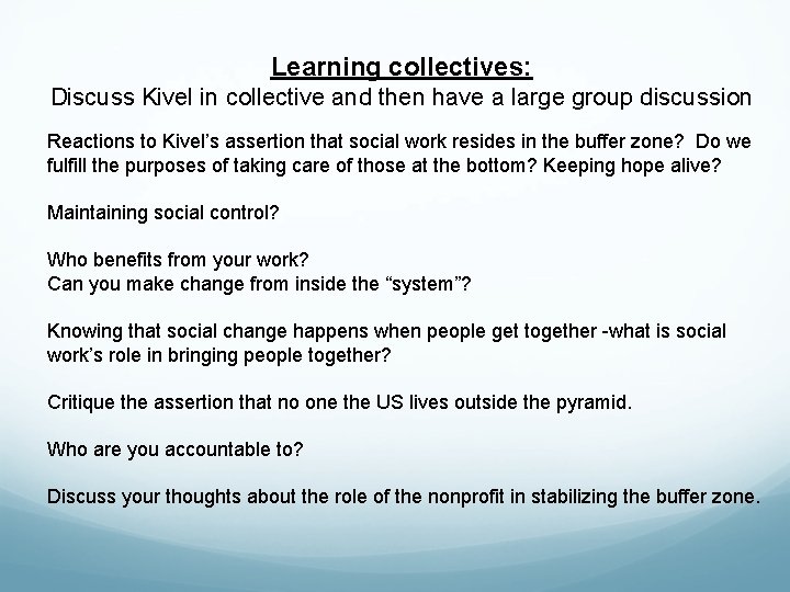 Learning collectives: Discuss Kivel in collective and then have a large group discussion Reactions