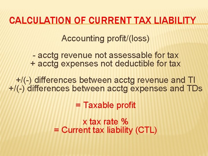 CALCULATION OF CURRENT TAX LIABILITY Accounting profit/(loss) - acctg revenue not assessable for tax