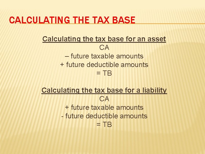 CALCULATING THE TAX BASE Calculating the tax base for an asset CA – future