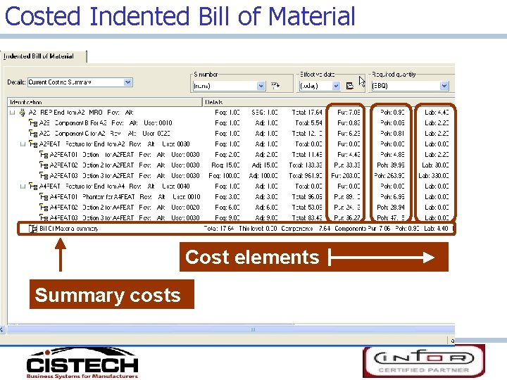 Costed Indented Bill of Material Cost elements Summary costs 