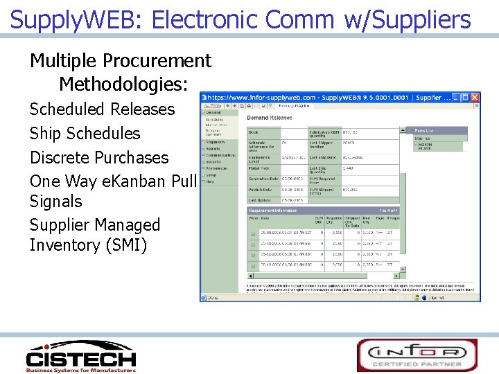 Supply. WEB: Electronic Comm w/Suppliers Multiple Procurement Methodologies: Scheduled Releases Ship Schedules Discrete Purchases