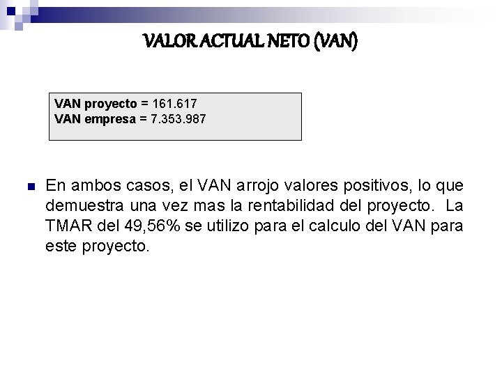 VALOR ACTUAL NETO (VAN) VAN proyecto = 161. 617 VAN empresa = 7. 353.