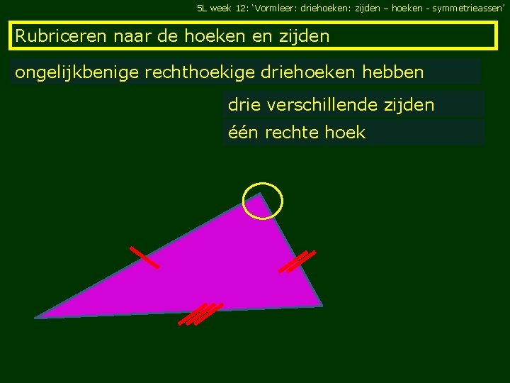 5 L week 12: ‘Vormleer: driehoeken: zijden – hoeken - symmetrieassen’ Rubriceren naar de