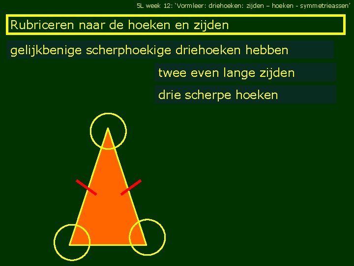 5 L week 12: ‘Vormleer: driehoeken: zijden – hoeken - symmetrieassen’ Rubriceren naar de