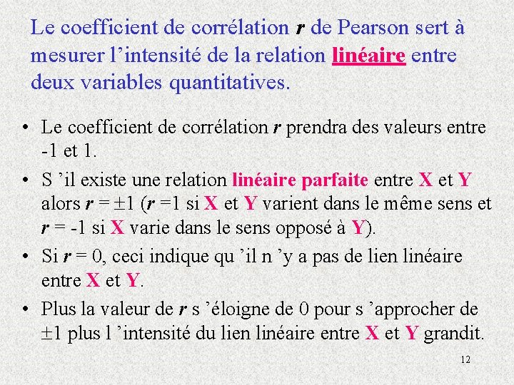 Le coefficient de corrélation r de Pearson sert à mesurer l’intensité de la relation
