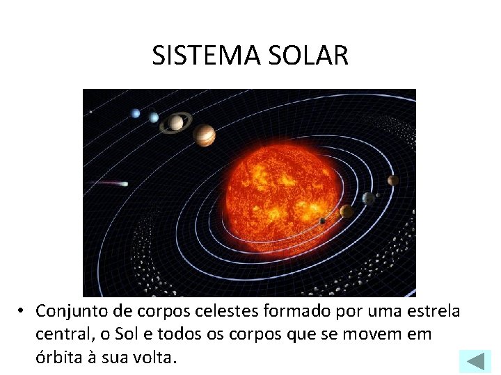 SISTEMA SOLAR • Conjunto de corpos celestes formado por uma estrela central, o Sol