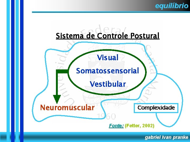 equilíbrio Sistema de Controle Postural Visual Somatossensorial Vestibular Neuromuscular Complexidade Fonte: (Fetter, 2002) gabriel