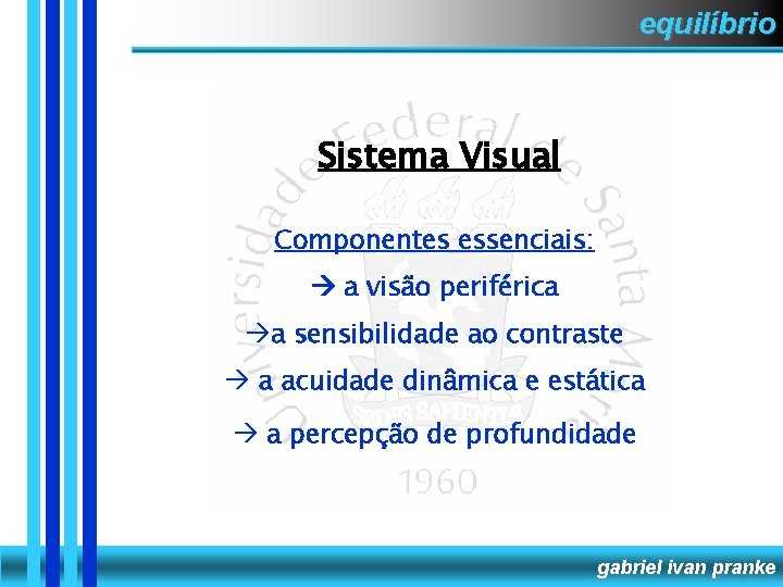 equilíbrio Sistema Visual Componentes essenciais: a visão periférica a sensibilidade ao contraste a acuidade