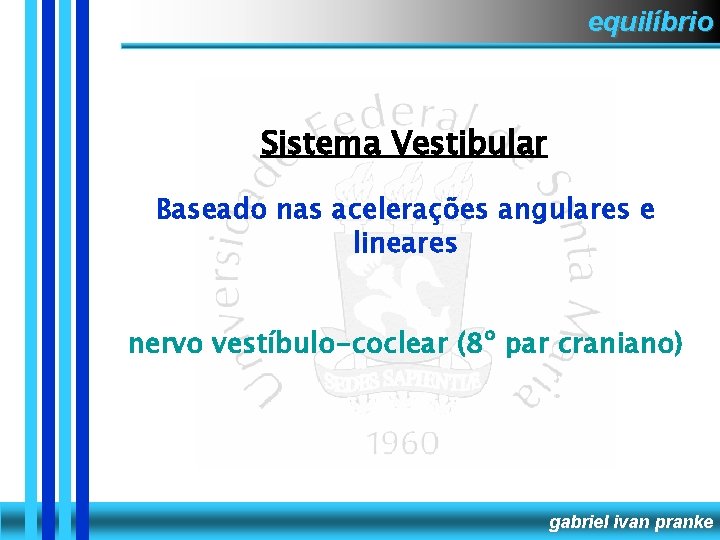 equilíbrio Sistema Vestibular Baseado nas acelerações angulares e lineares nervo vestíbulo-coclear (8º par craniano)