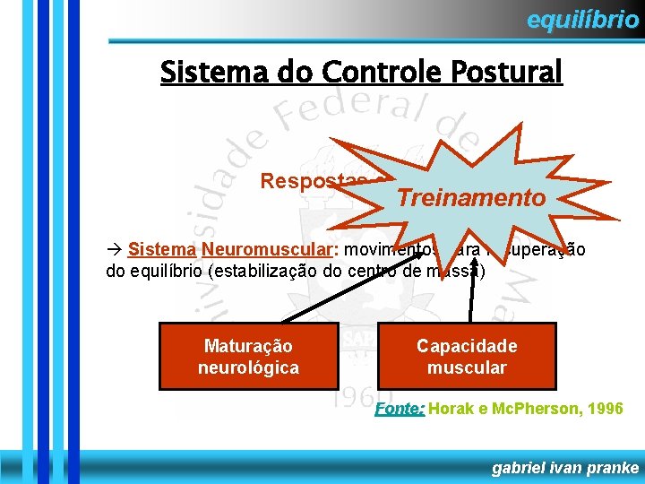 equilíbrio Sistema do Controle Postural Respostas eferentes Treinamento Sistema Neuromuscular: movimentos para recuperação do