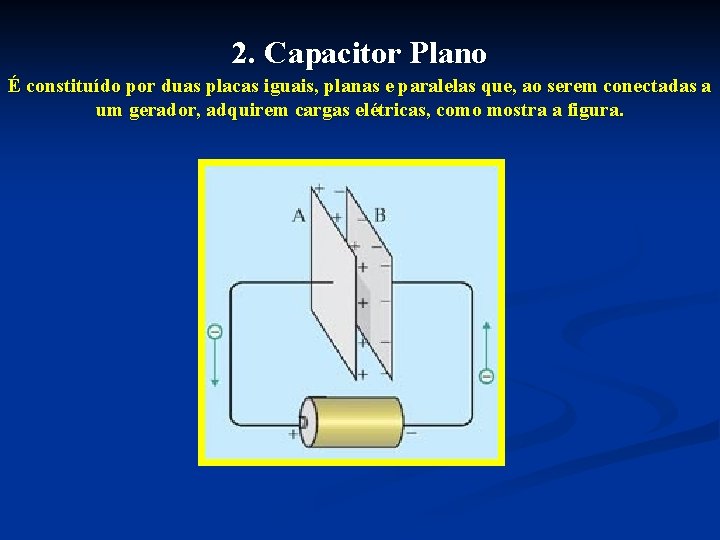 2. Capacitor Plano É constituído por duas placas iguais, planas e paralelas que, ao