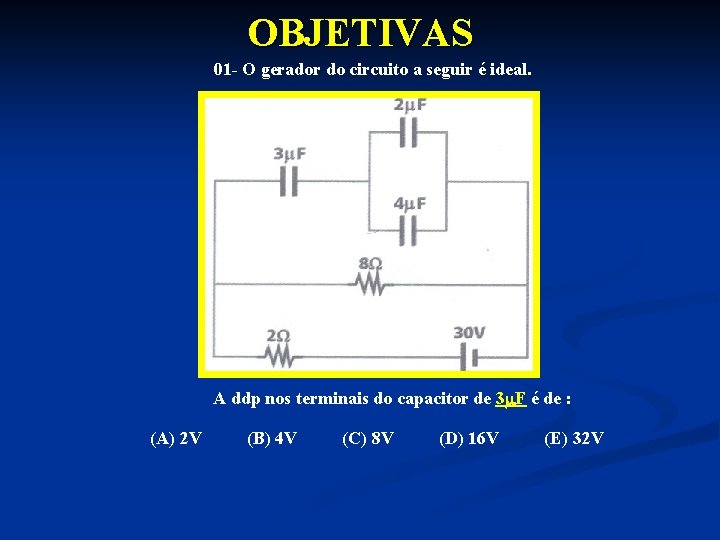 OBJETIVAS 01 - O gerador do circuito a seguir é ideal. A ddp nos