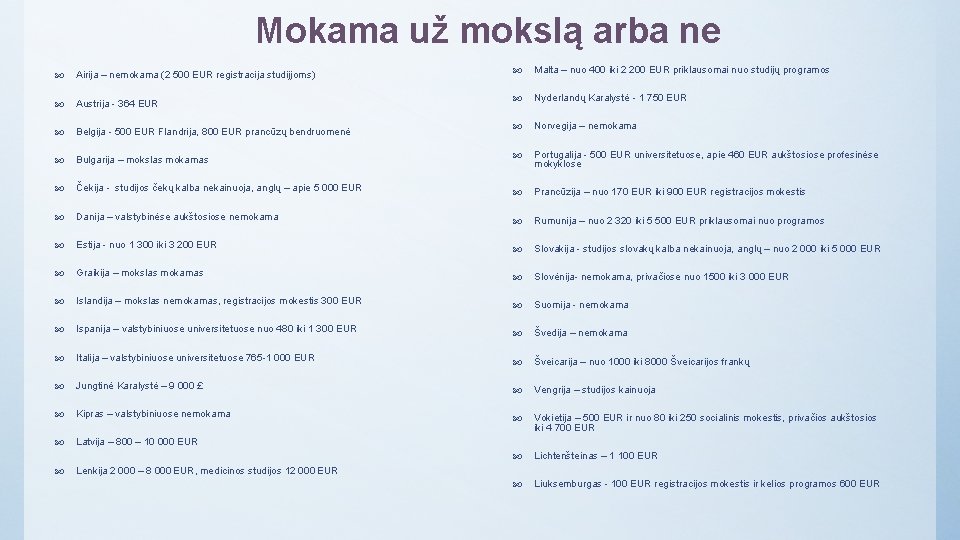 Mokama už mokslą arba ne Malta – nuo 400 iki 2 200 EUR priklausomai