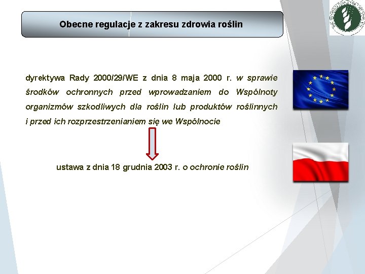 Obecne regulacje z zakresu zdrowia roślin dyrektywa Rady 2000/29/WE z dnia 8 maja 2000 Obecne regulacje z zakresu zdrowia roślin dyrektywa Rady 2000/29/WE z dnia 8 maja 2000