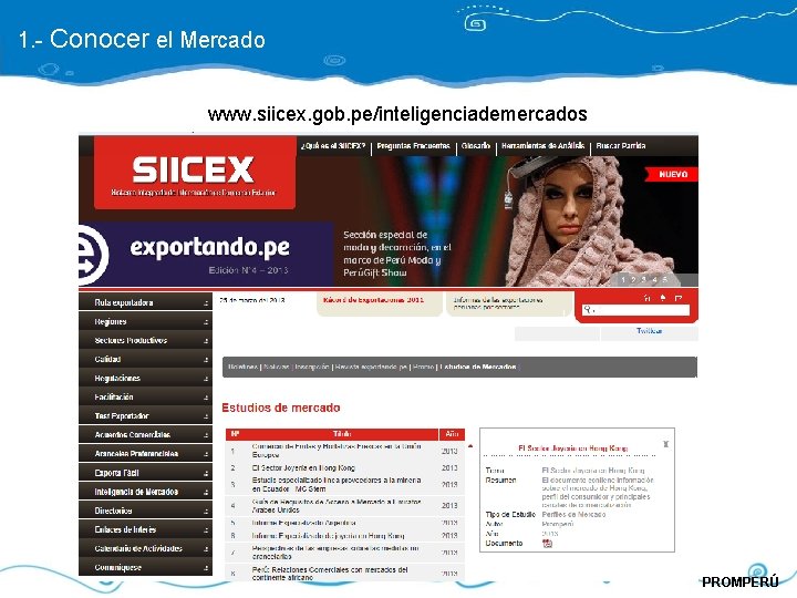 1. - Conocer el Mercado www. siicex. gob. pe/inteligenciademercados PROMPERÚ 