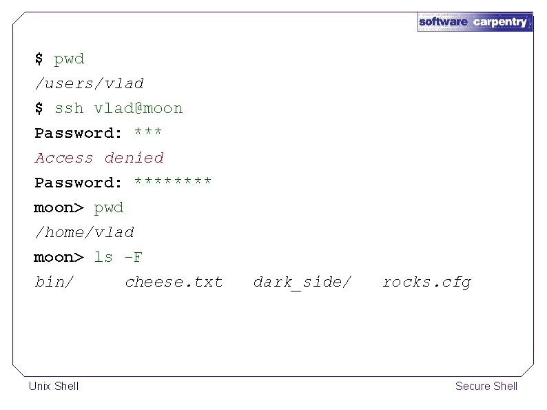 $ pwd /users/vlad $ ssh vlad@moon Password: *** Access denied Password: **** moon> pwd