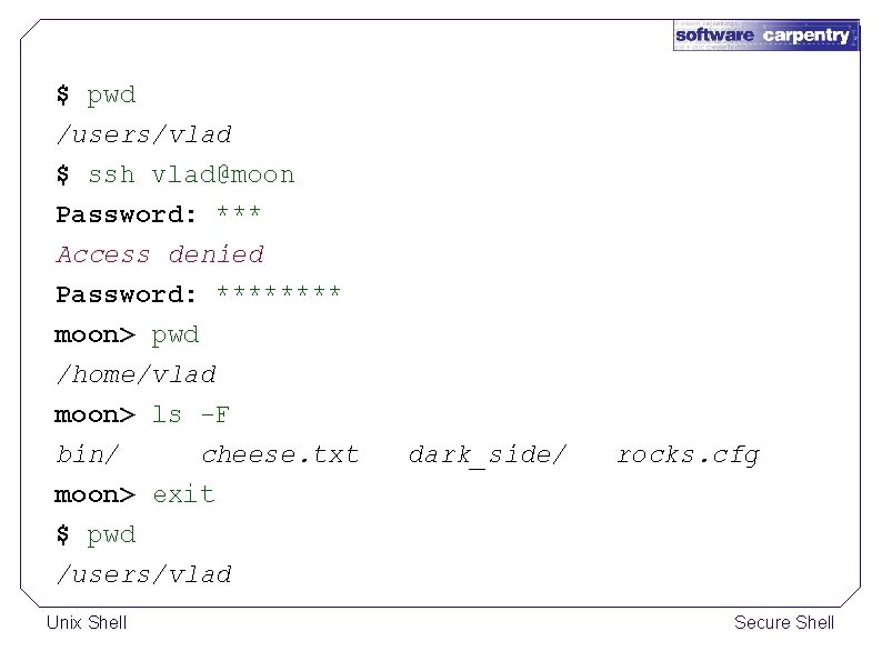 $ pwd /users/vlad $ ssh vlad@moon Password: *** Access denied Password: **** moon> pwd